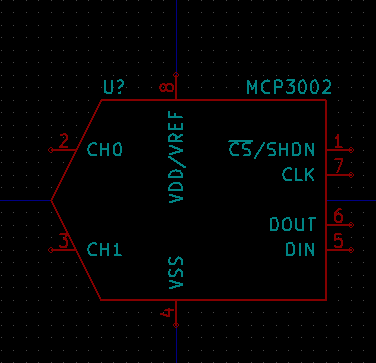 Screenshot of the MCP3002 component loaded in the schematic component editor